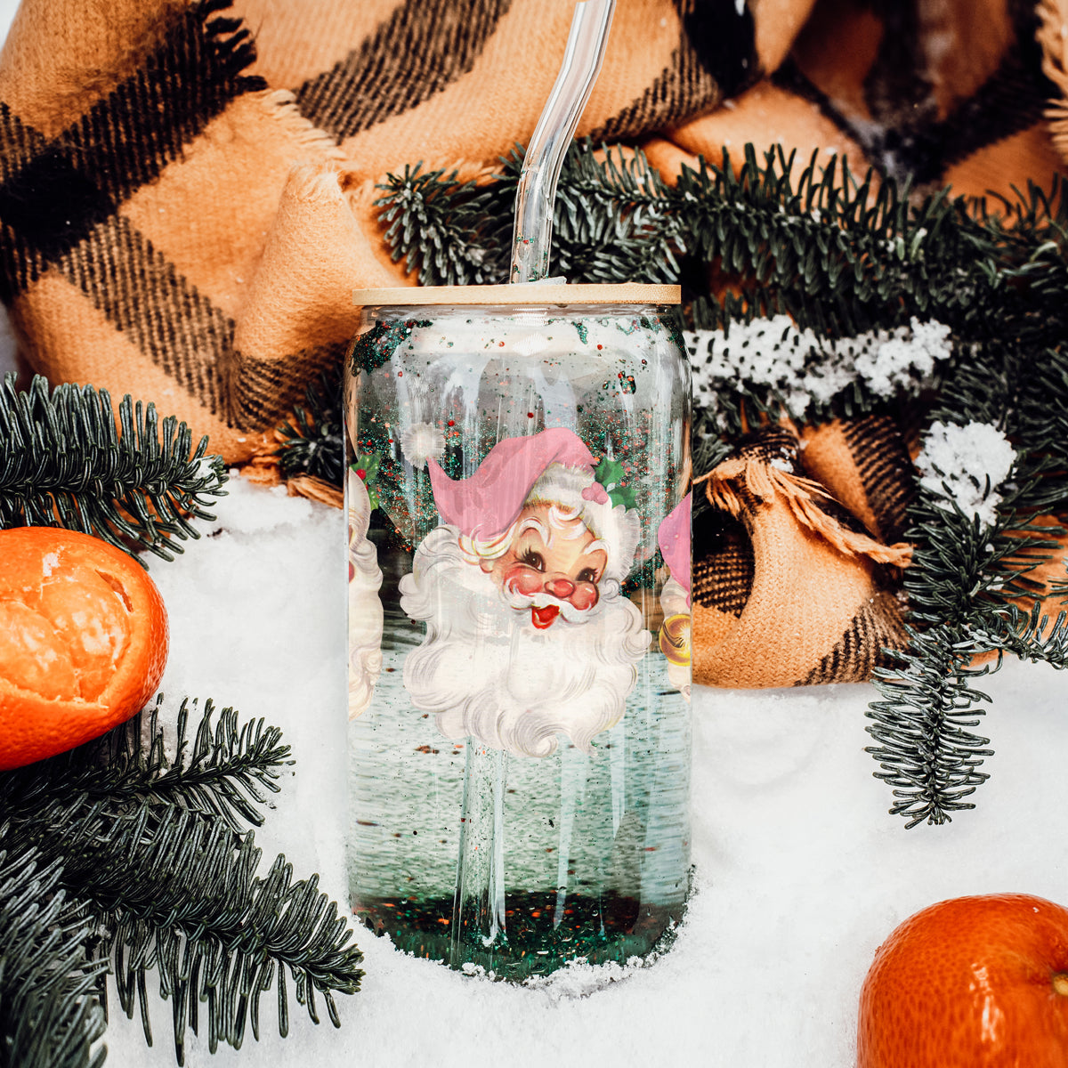 Bulk Trendy Christmas gifts vintage Santa glass tumbler 17oz - Holiday pink hat retro drinkware bamboo lid
Sparkly Christmas coffee tumbler β festive vintage Santa faces design